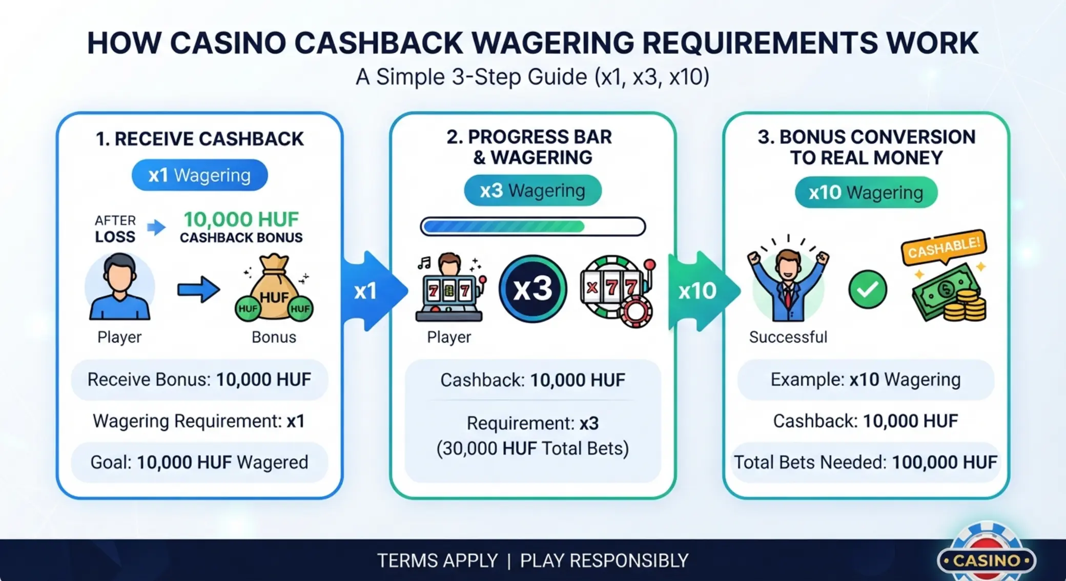 Cashback megforgatási követelmények Infografika a cashback megforgatási követelményeiről