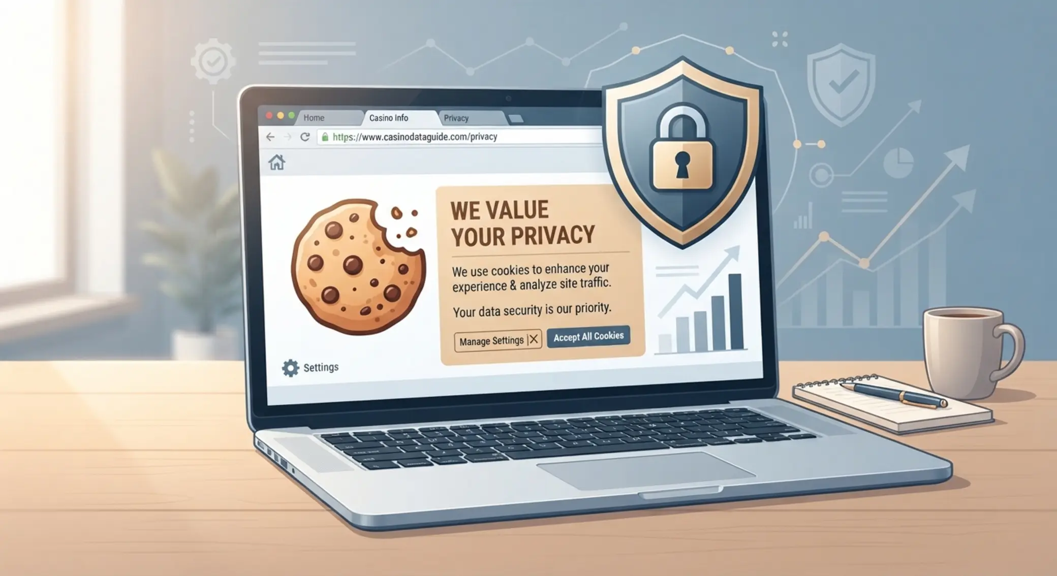Sütik és adatvédelem online kaszinó oldalon Sütik és adatvédelem semleges illusztrációja