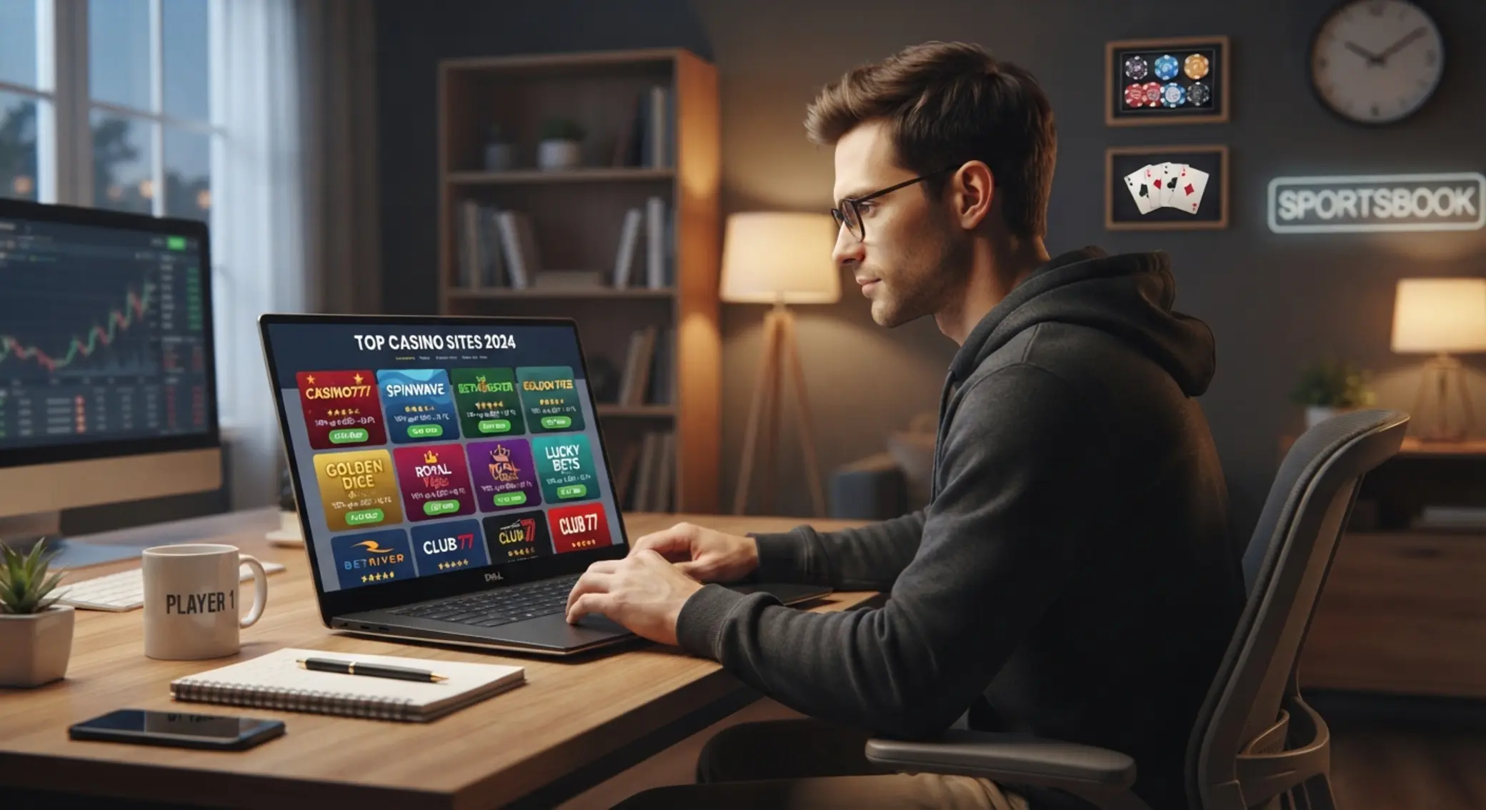 Alternatív online kaszinók összehasonlítása Játékos több online kaszinó opciót hasonlít össze laptopon