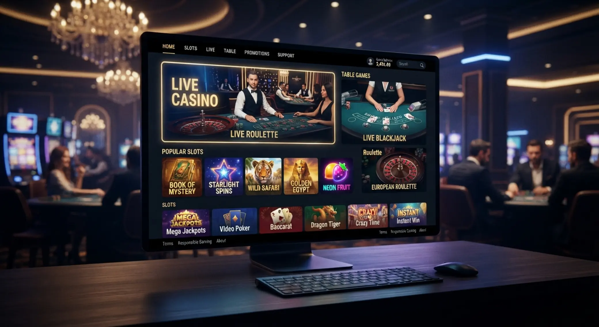 Online kaszinó lobby és játékok semleges illusztrációja