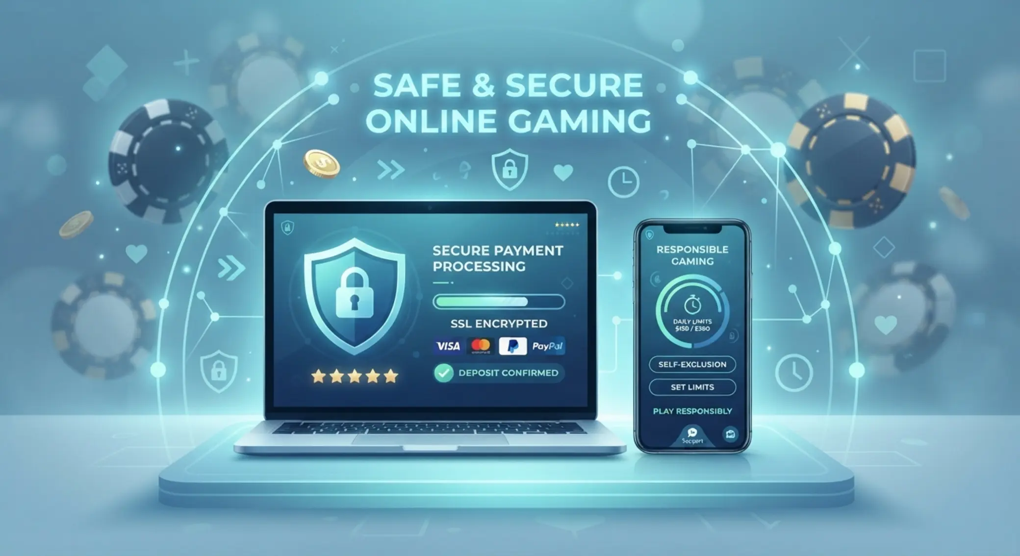 Biztonságos online fizetés és felelősségteljes játék illusztráció