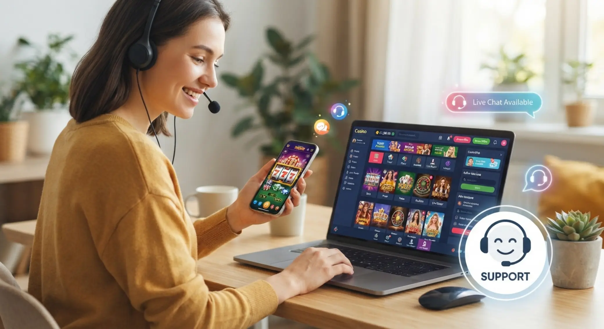 Mobil élmény és ügyfélszolgálat illusztráció Játékos mobilon és laptopon ügyfélszolgálati ikonokkal