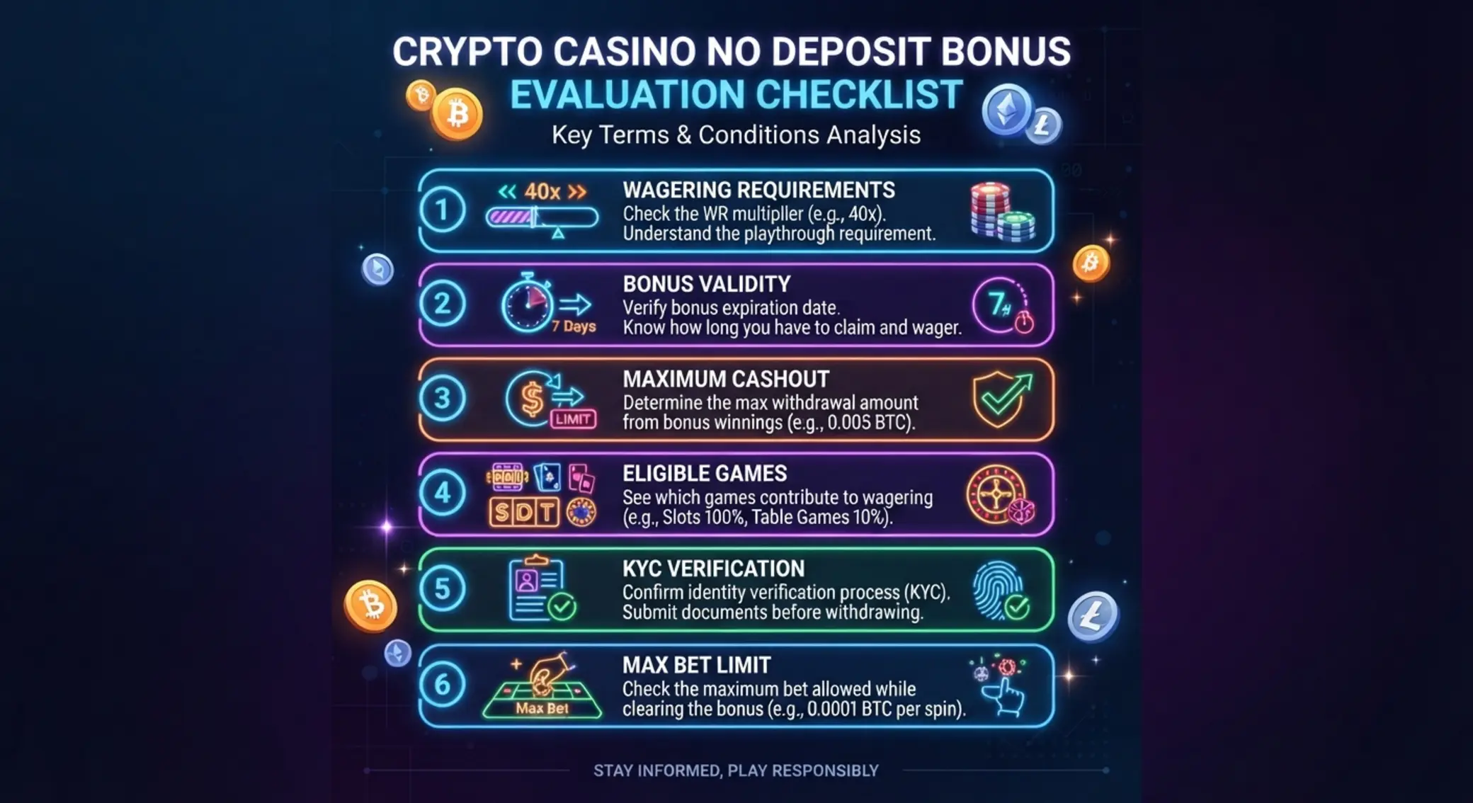 Kripto no deposit bónusz feltételek ellenőrzése Kripto bónusz feltételek ellenőrzőlistája ikonokkal