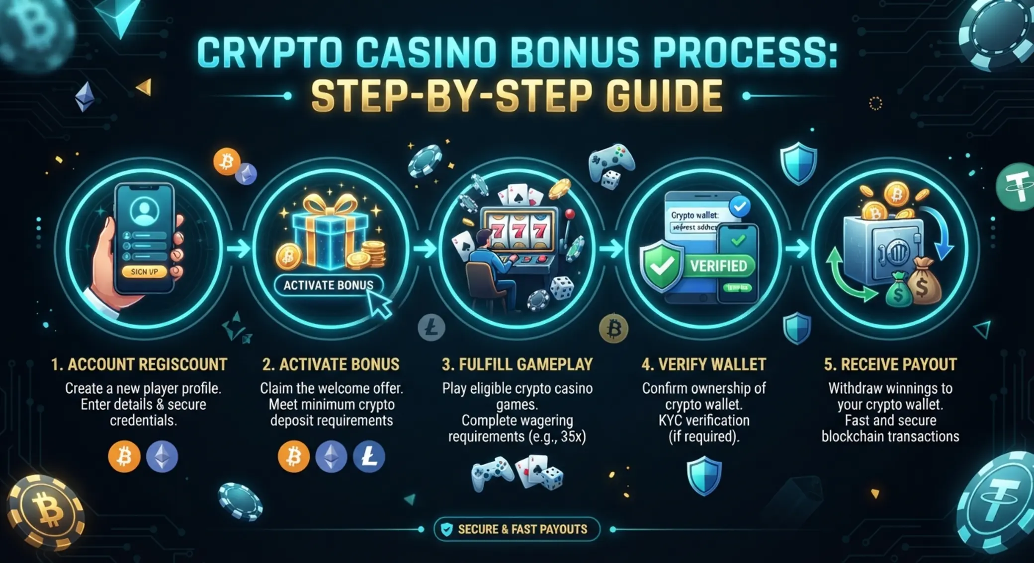 Kripto no deposit bónusz igénylési folyamat Kripto kaszinó bónusz igénylésének lépései ikonokkal