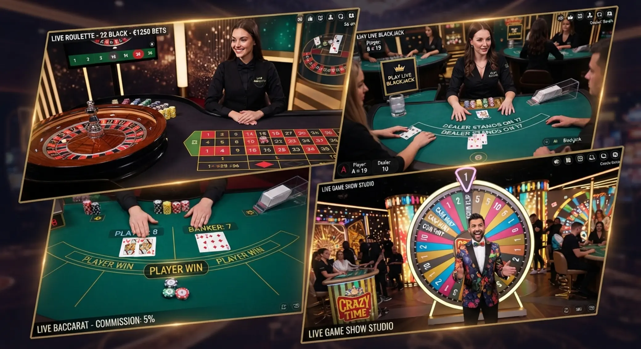 Élő rulett, blackjack és show-játékok Népszerű élő kaszinójátékok kollázsa