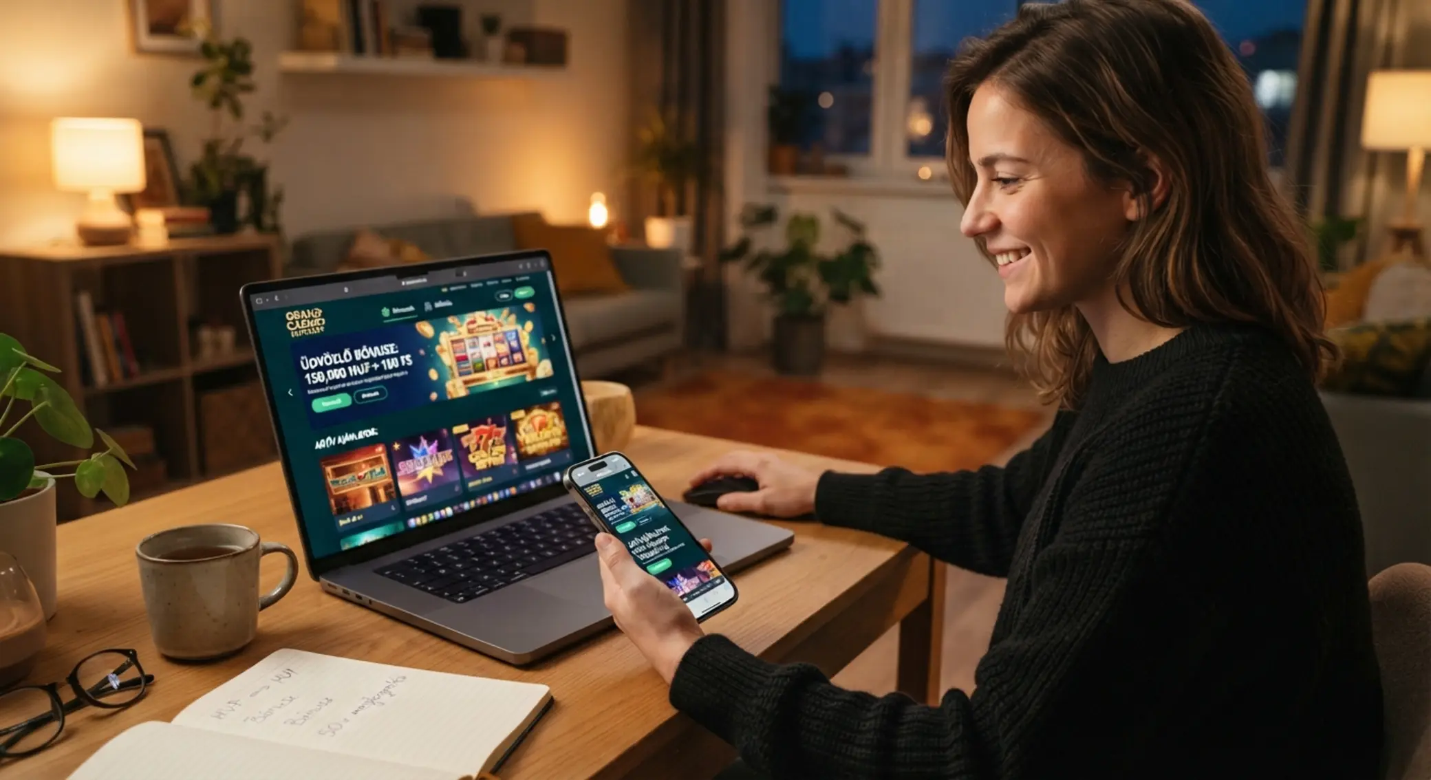 Játékos magyar online kaszinó bónuszokat néz laptopon és mobilon