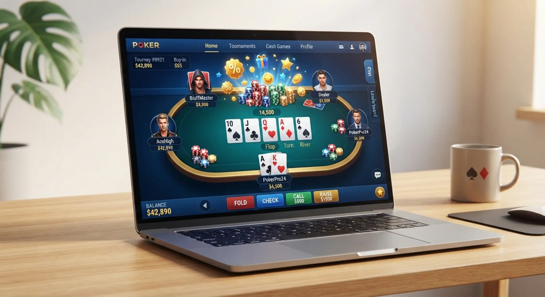 Laptopon futó online pókerasztal bónusz ikonokkal