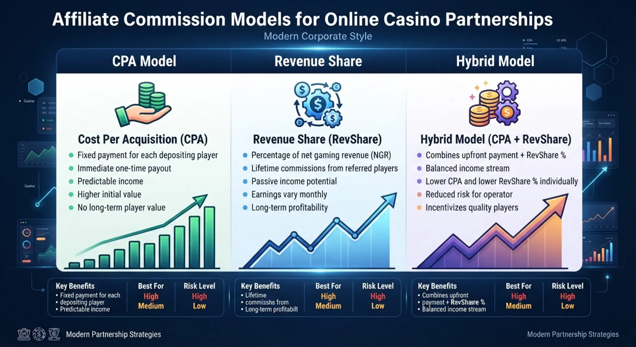 Jutalékmodelleket összehasonlító grafika CPA, revenue share és hibrid elemekkel