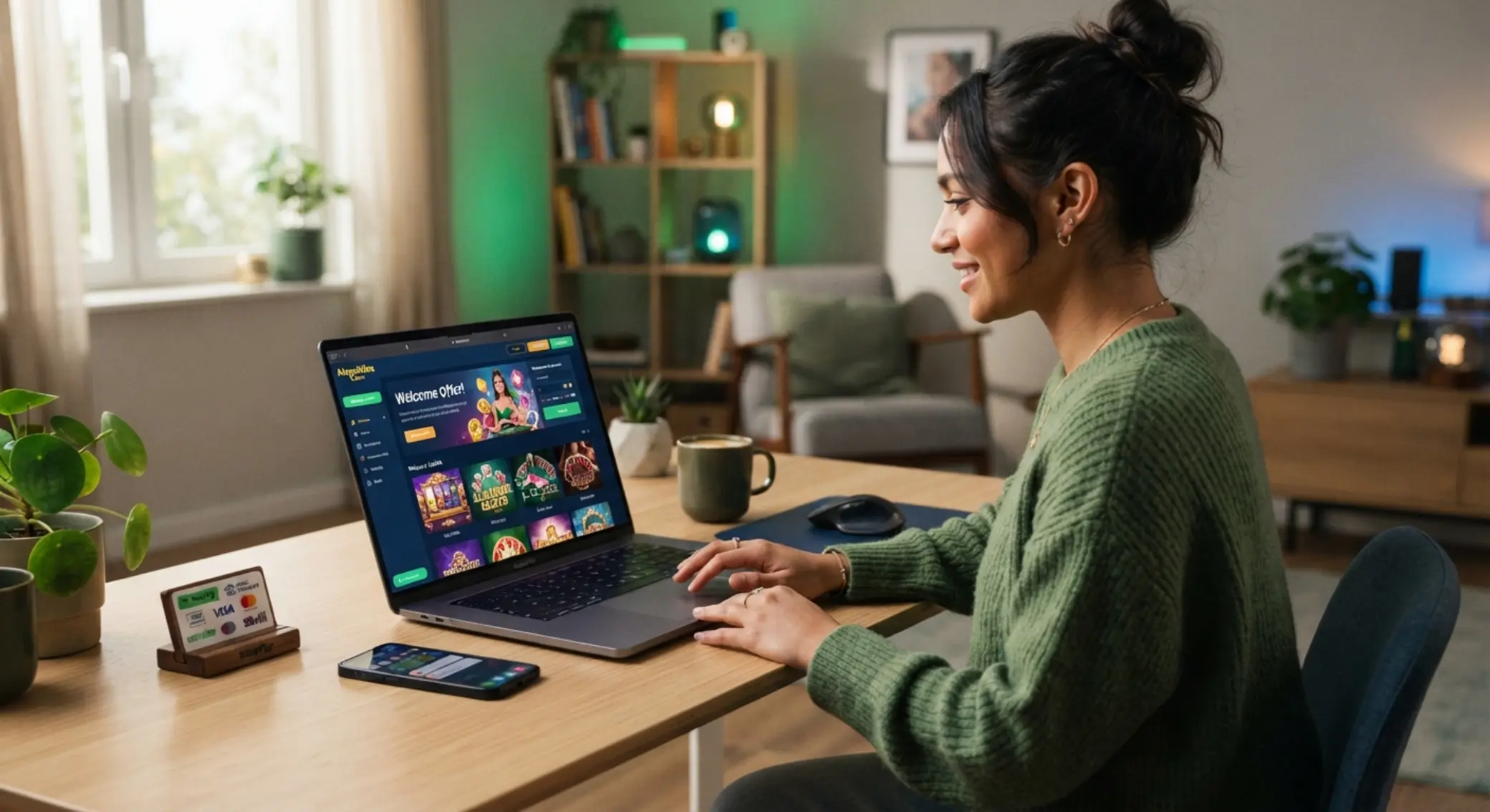 Játékos laptopon online kaszinó felülettel és fizetési ikonokkal