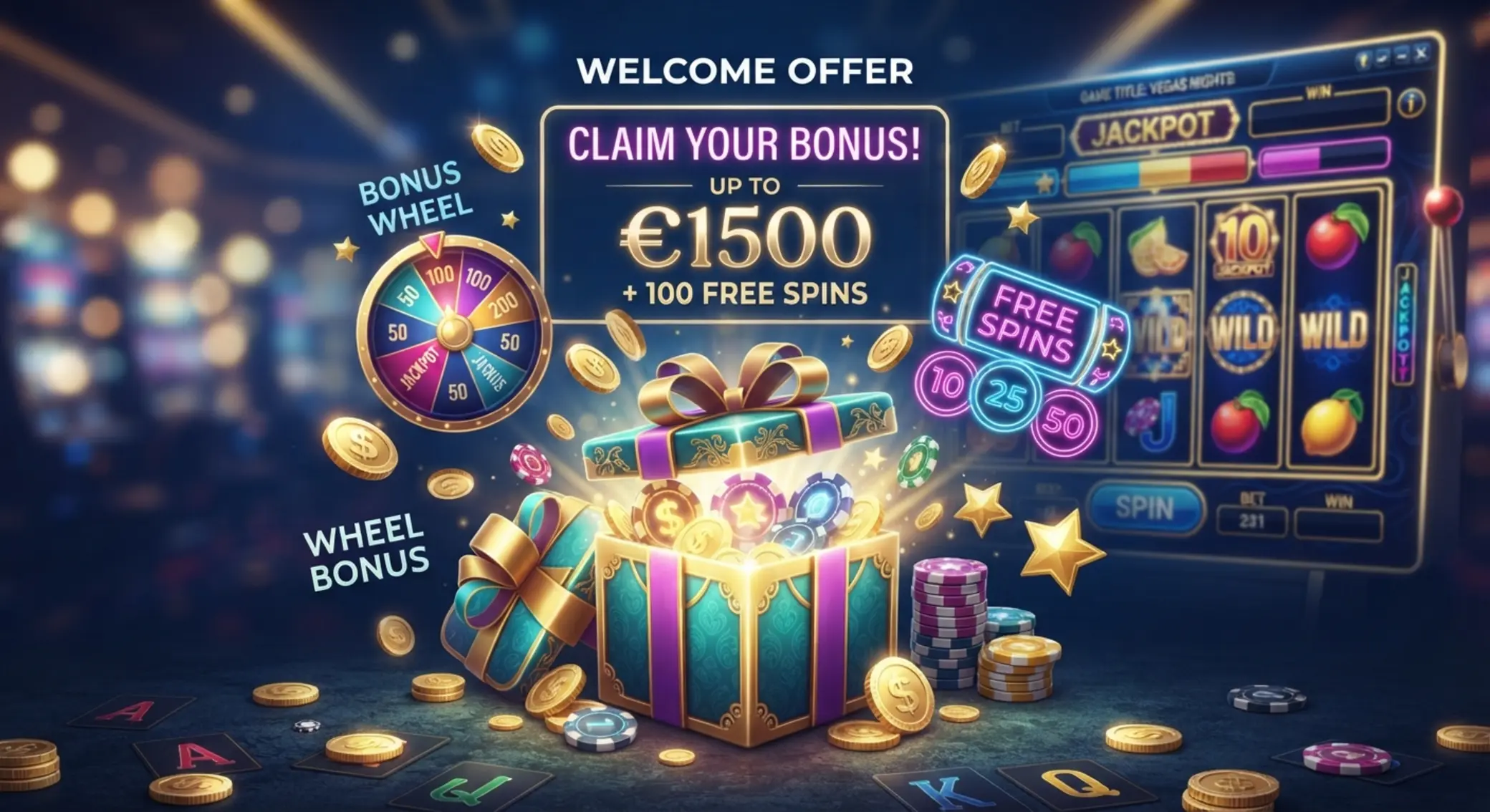 Online kaszinó bónuszok ajándékdobozokkal és free spins ikonokkal